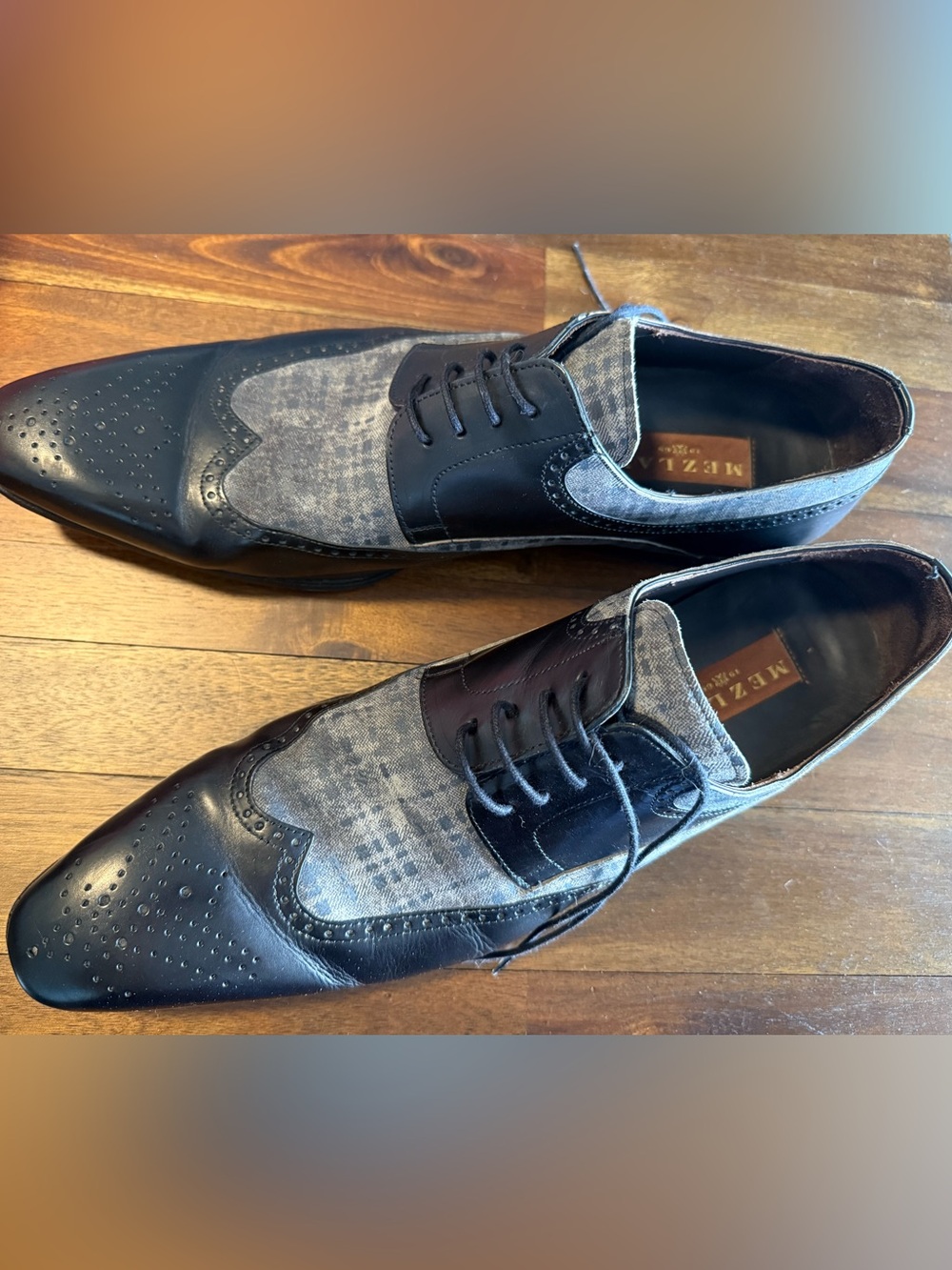 Mezlan Men's Spectator Oxfords Size 15 M Black Grey Wingtip Plaid Fabric 16072-1